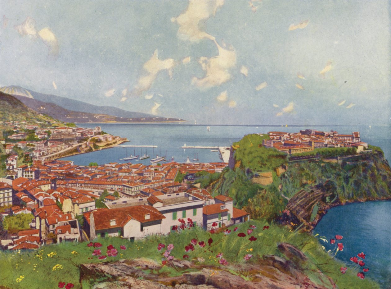 Mónaco, La Roca y Vista General (litografía en color) de European School