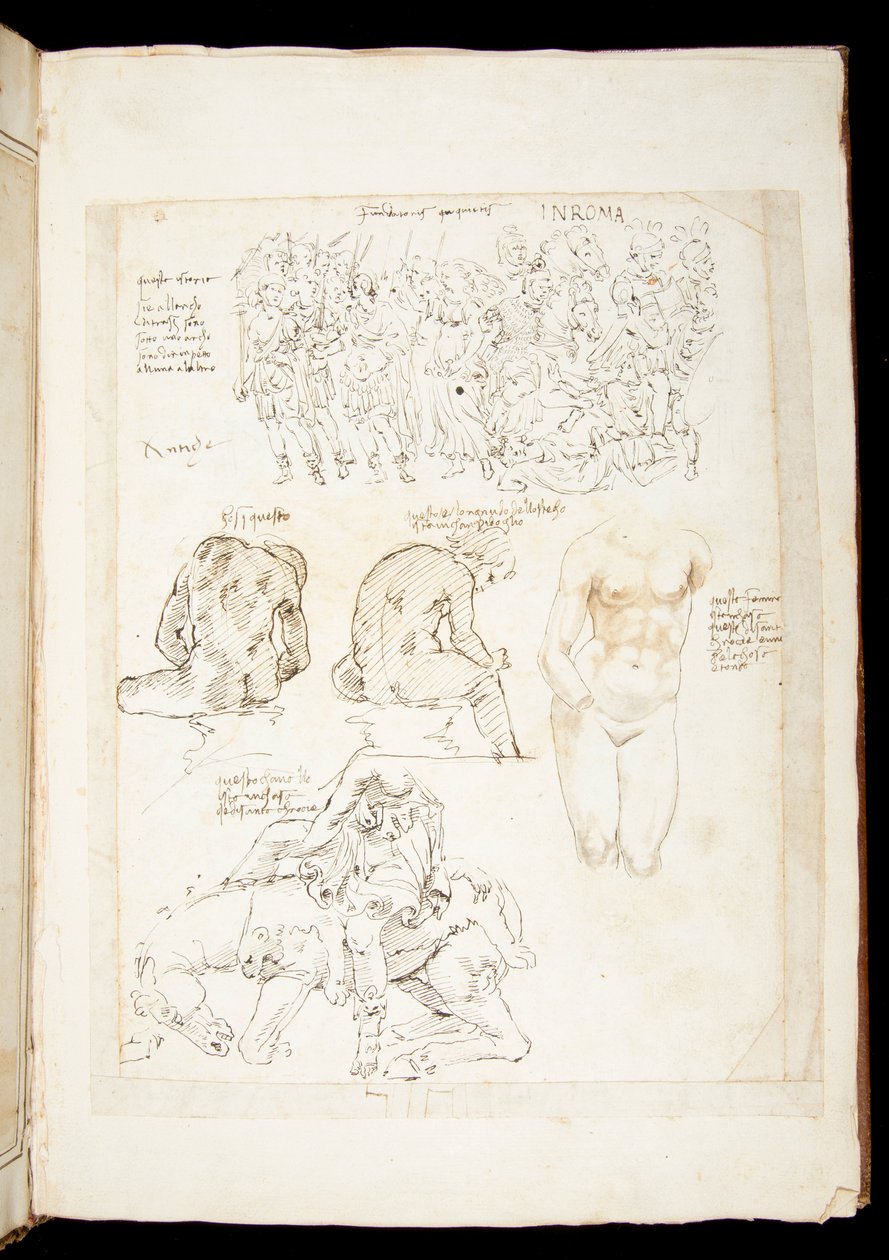 Ms 701 fl.34v, Dibujo incluyendo una vista del Spinario desde atrás, finales del siglo XV de European School