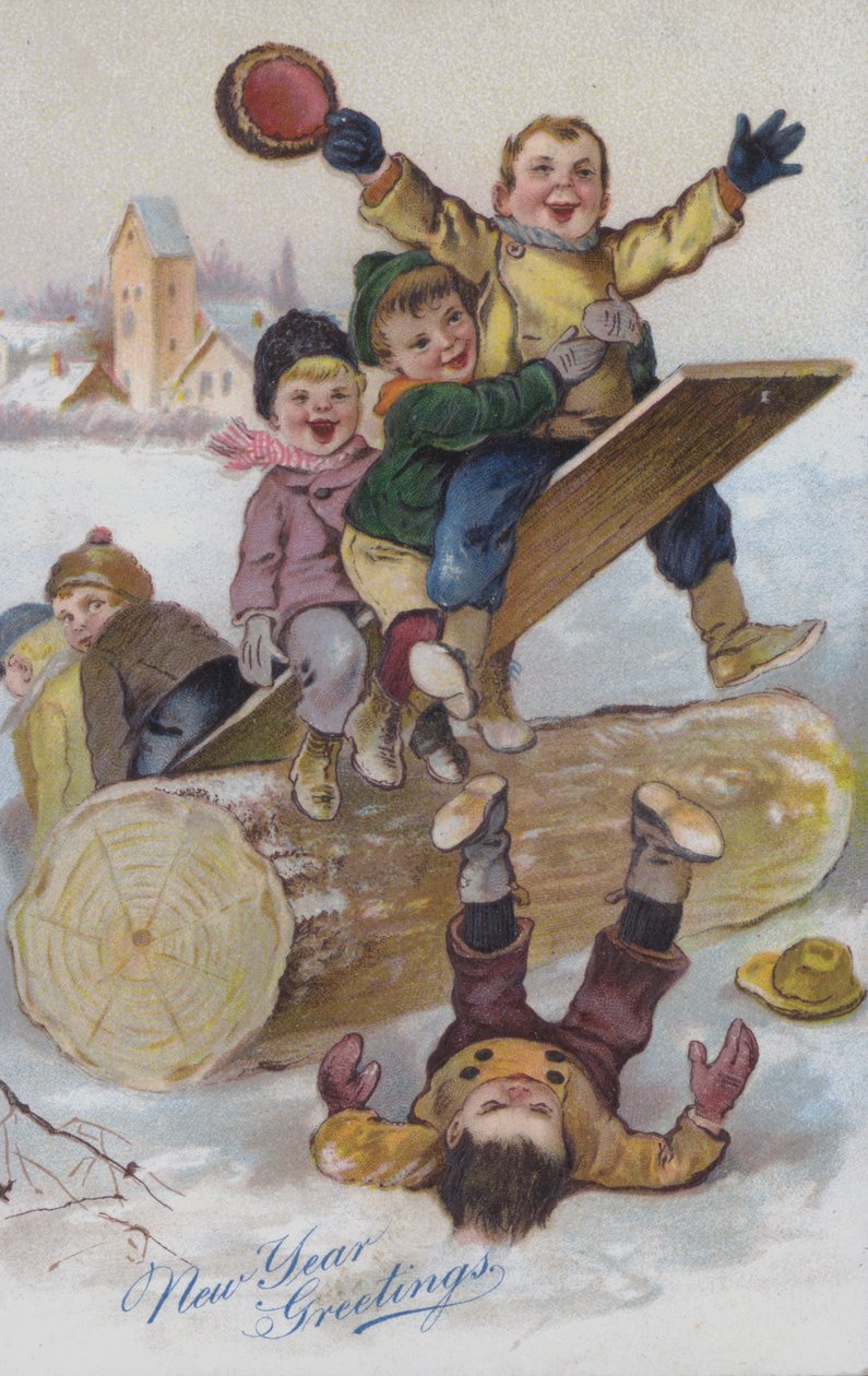 Tarjeta de felicitación de Año Nuevo con niños jugando en la nieve (cromolito) de European School