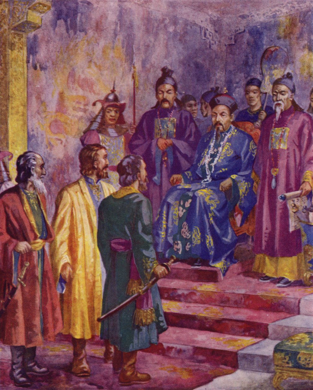 Niccolo, Maffaeo y Marco Polo conociendo a Kublai Khan, siglo XX (litografía en color) de European School