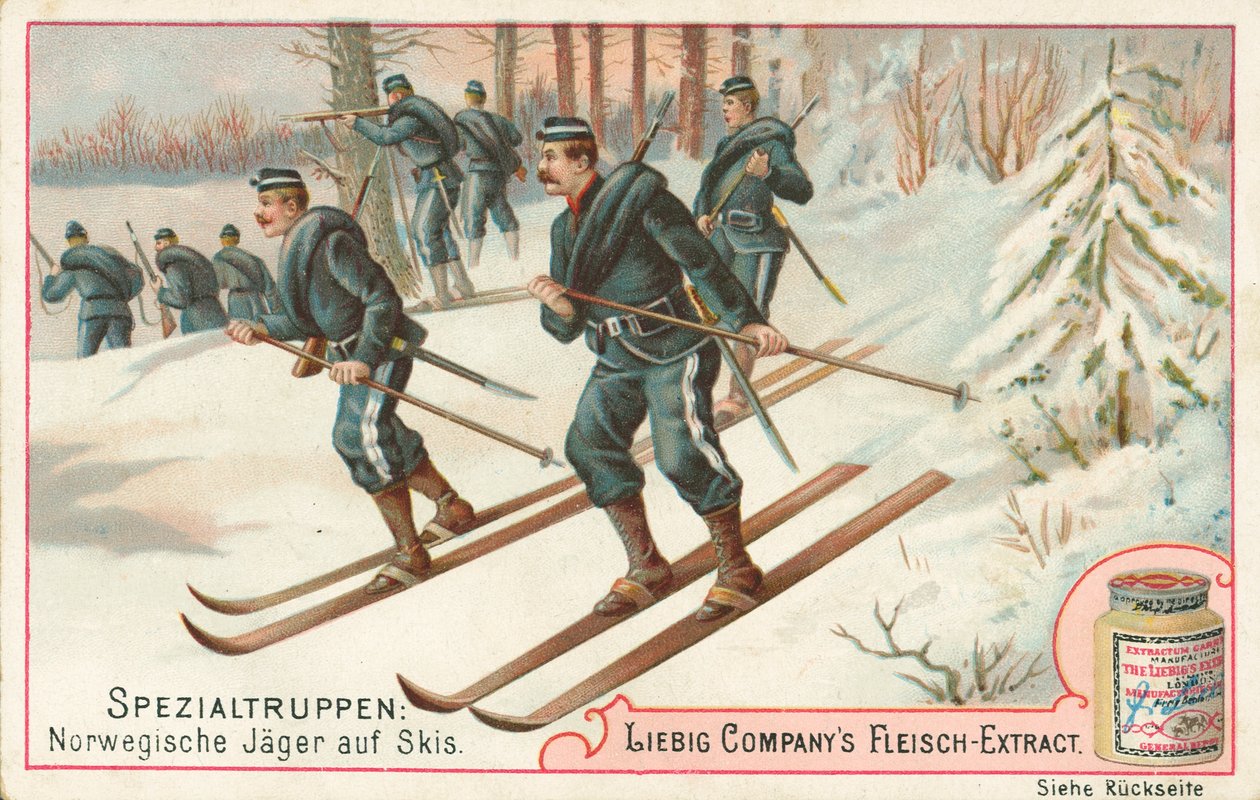 Noruega, soldados esquiando, tarjeta Liebig, principios del siglo XX (cromo) de European School