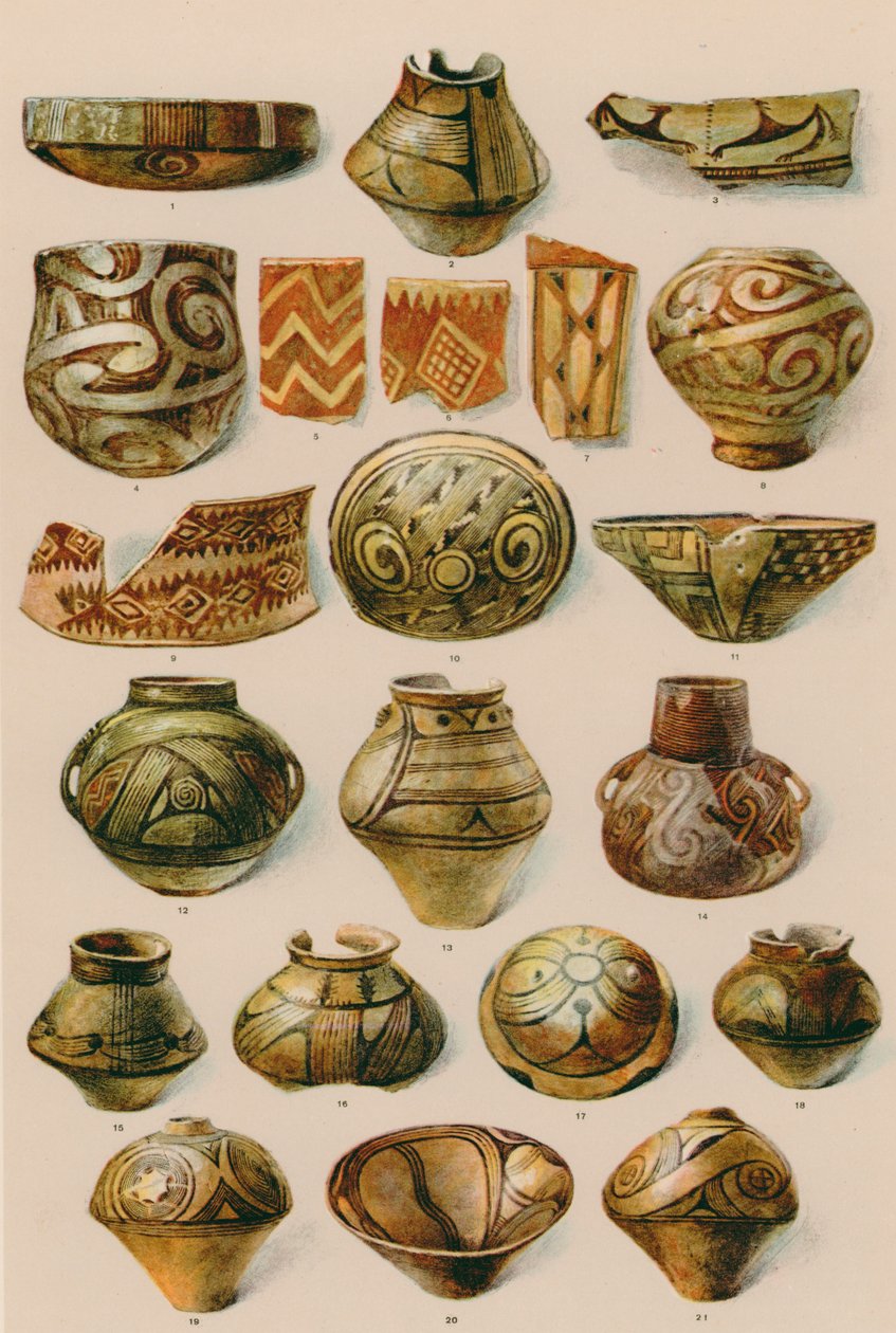 Ornamento: Sur de Rusia, Rumainia, Norte de Grecia, Finales de la Edad de Piedra hasta principios de la Edad de Bronce (litografía en color). de European School