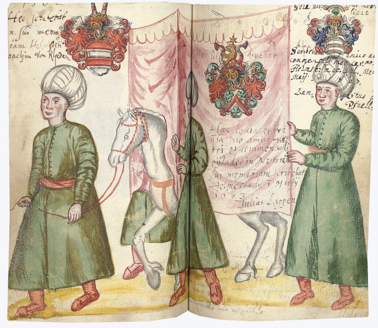Páginas del Álbum Amicorum de Julius Pflug, incluyendo traje turco y escudos de armas, 1600-13 de European School
