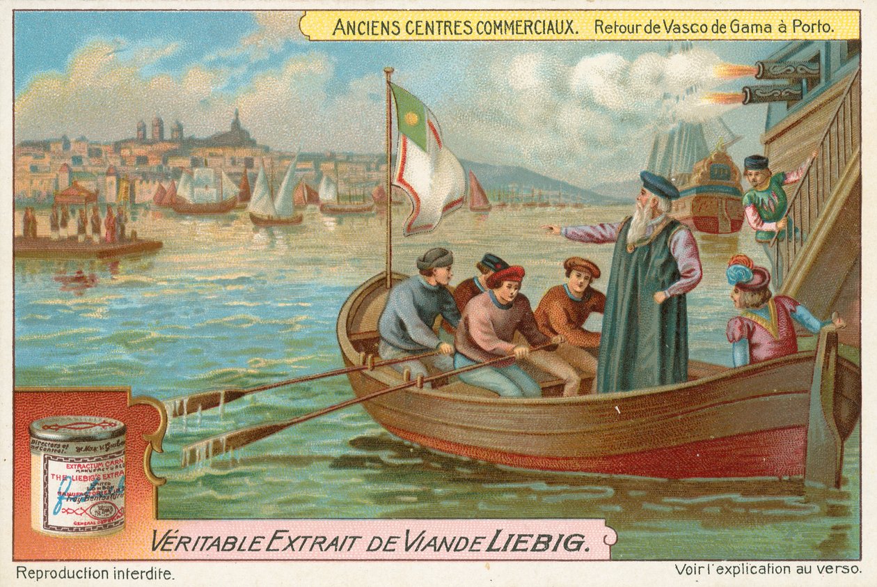 Oporto, Regreso de Vasco da Gama, tarjeta Liebig, principios del siglo XX (cromo) de European School
