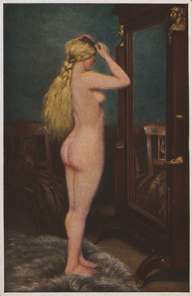 Retrato de mujer desnuda con larga melena rubia (litografía en color) de European School