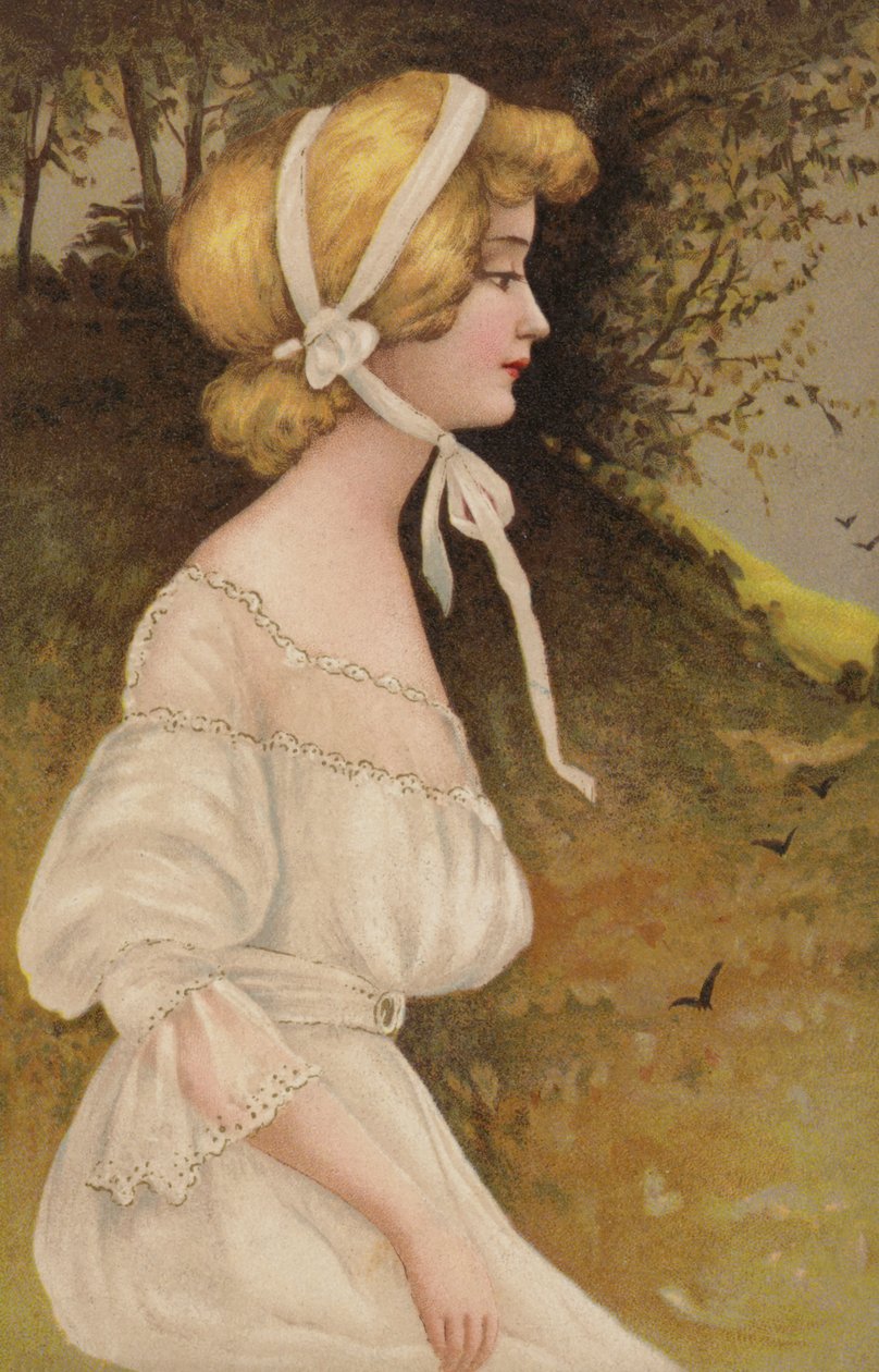 Perfil de una dama vestida de blanco (litografía en color) de European School