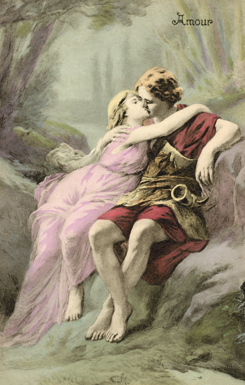 Joven y chica romanos (litografía en color) de European School