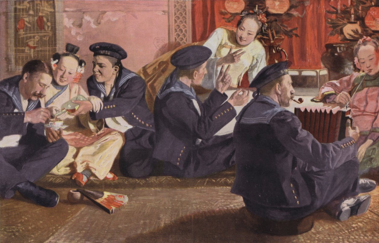 Marineros en una casa de té china (litografía en color) de European School