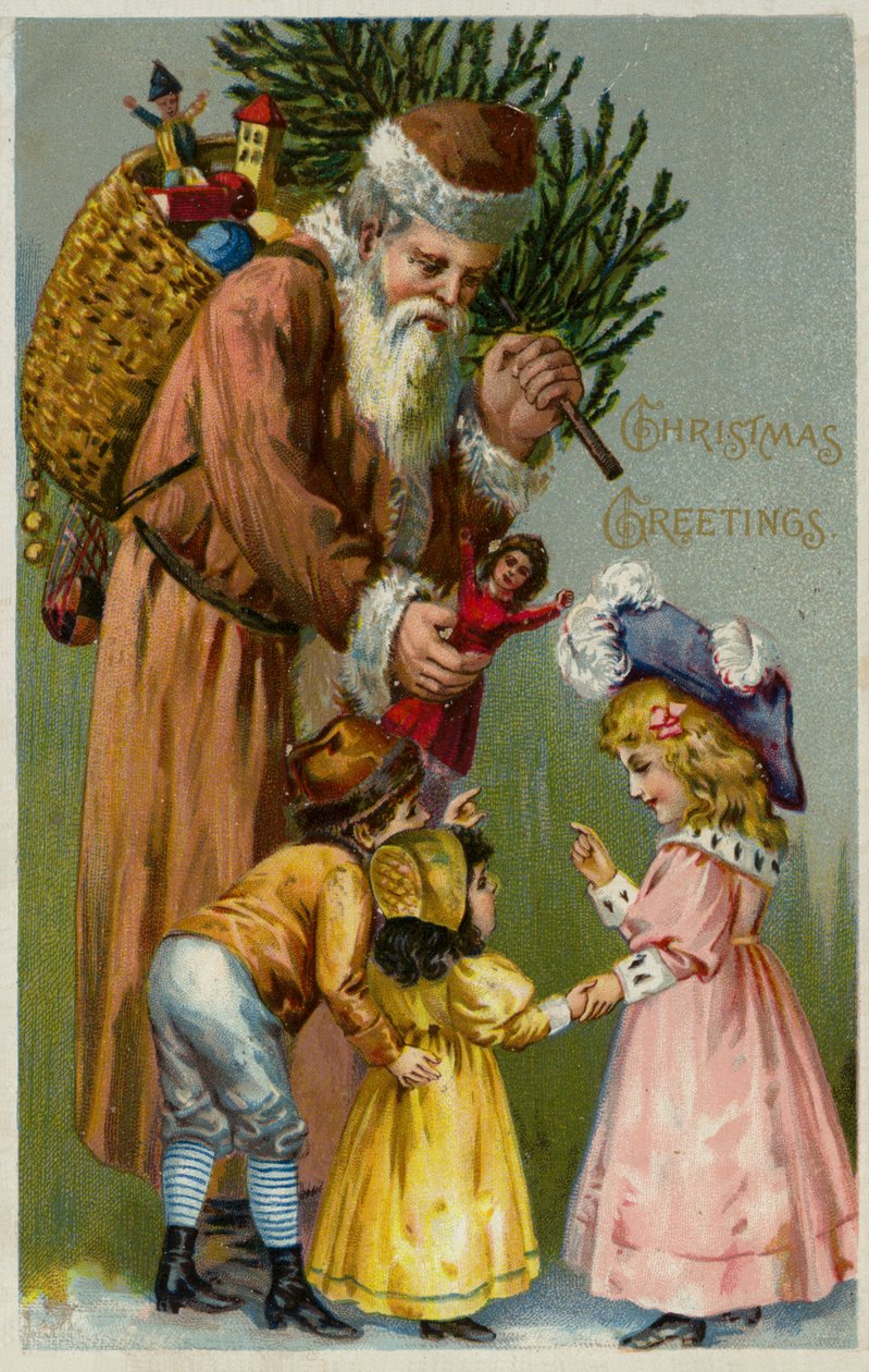 Papá Noel dando regalos y un árbol de Navidad a los niños (litografía en color) de European School