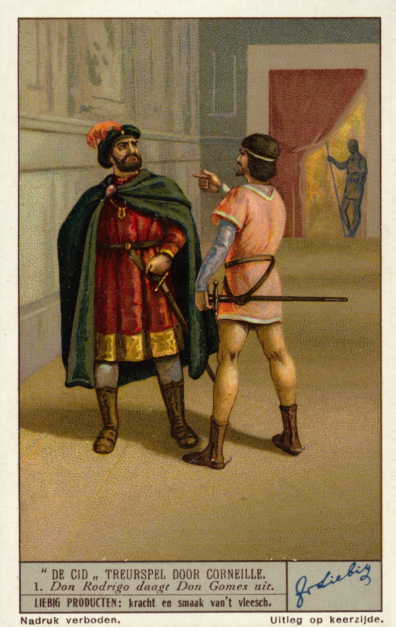 Escena de la tragedia Le Cid, del dramaturgo francés Paul Corneille: Don Rodrigue desafía a Don Gomes, padre de Chimene (cromolito) de European School
