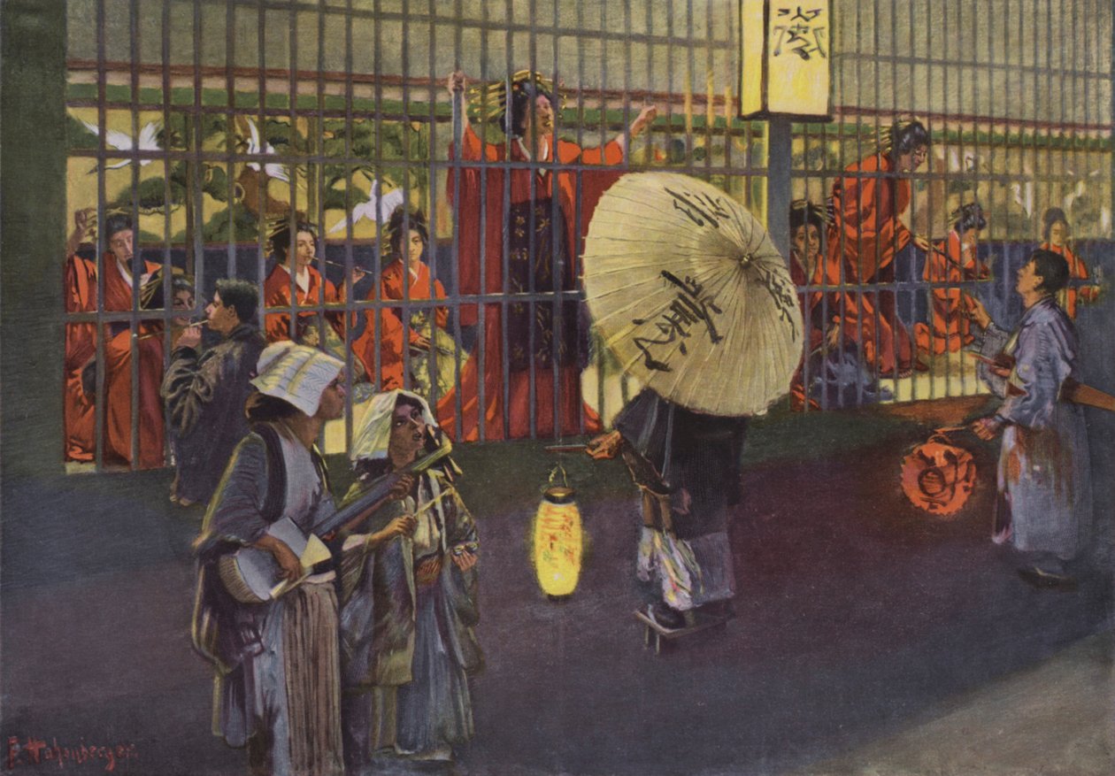 Escena en el barrio Yoshiwara de Tokio, Japón (litografía en color) de European School