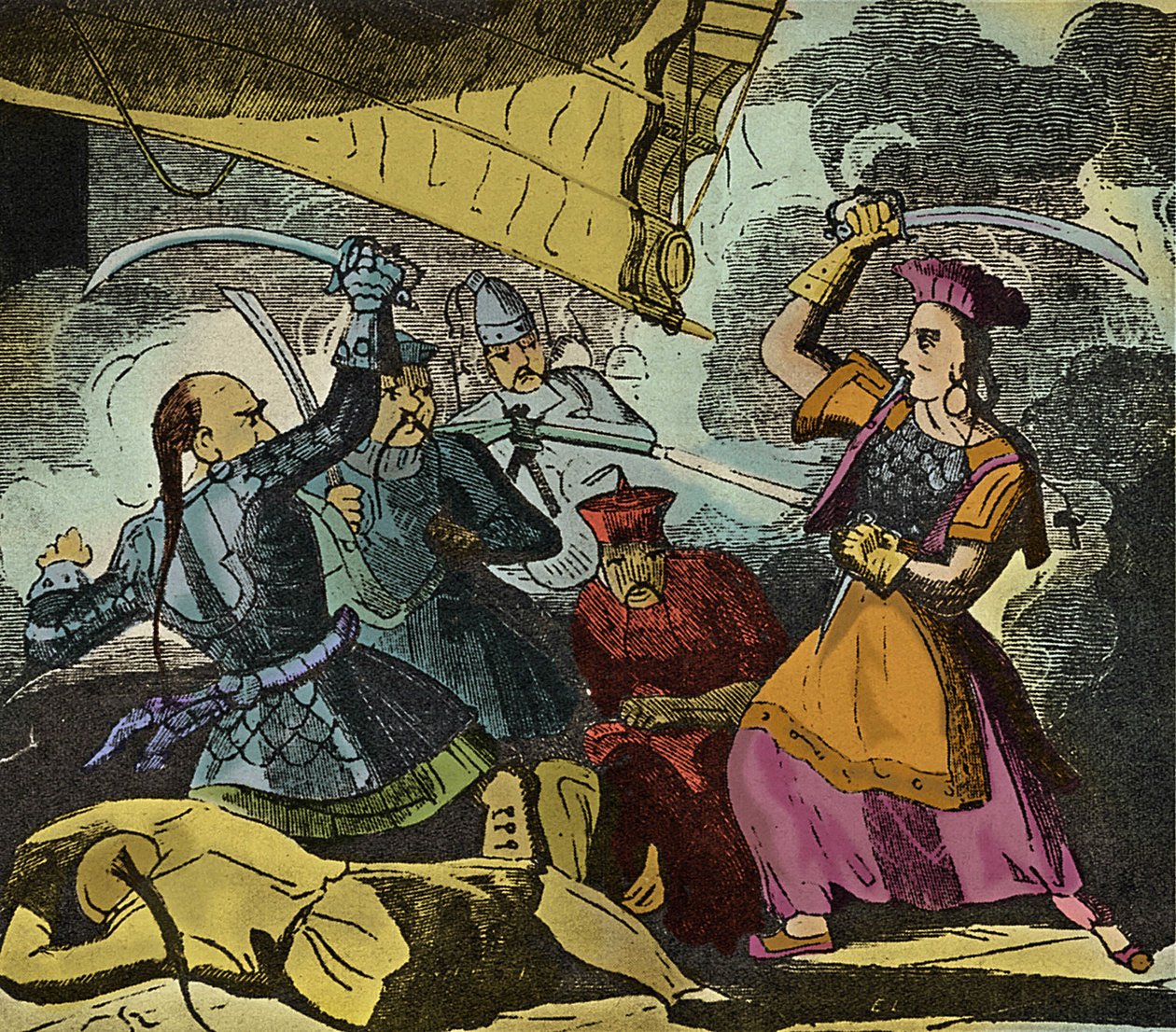 Shing Shi o Ching Shih (fallecida en 1844). Mujer pirata china del siglo XIX. Comandaba una verdadera flota con la que derrotó al almirante Kwo Lang. de European School