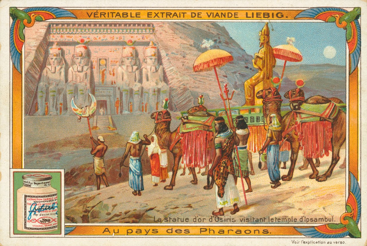 Estatua de Osiris visitando el templo de Ipsambul, tarjeta Liebig, principios del siglo XX (cromo) de European School