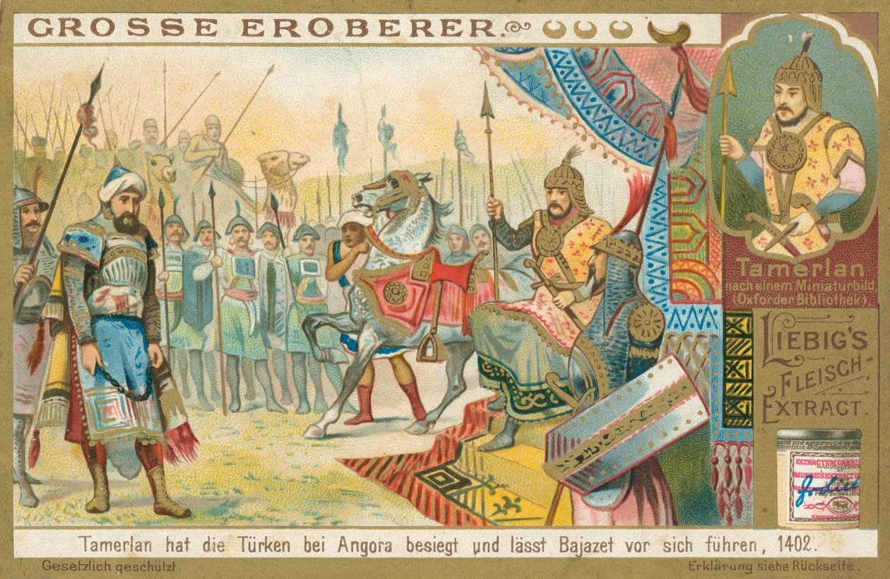 Tamburlaine conquista Bajazeth, tarjeta Liebig, principios del siglo XX (cromo) de European School