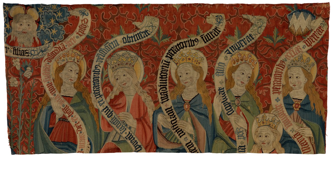 Fragmento de tapiz que representa al Todopoderoso y a seis santas mujeres, probablemente de un antependium, finales del siglo XV (lana) de European School