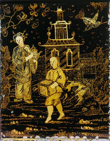 Caja de té al estilo chino que representa a un porteador y una dama con una tetera de European School