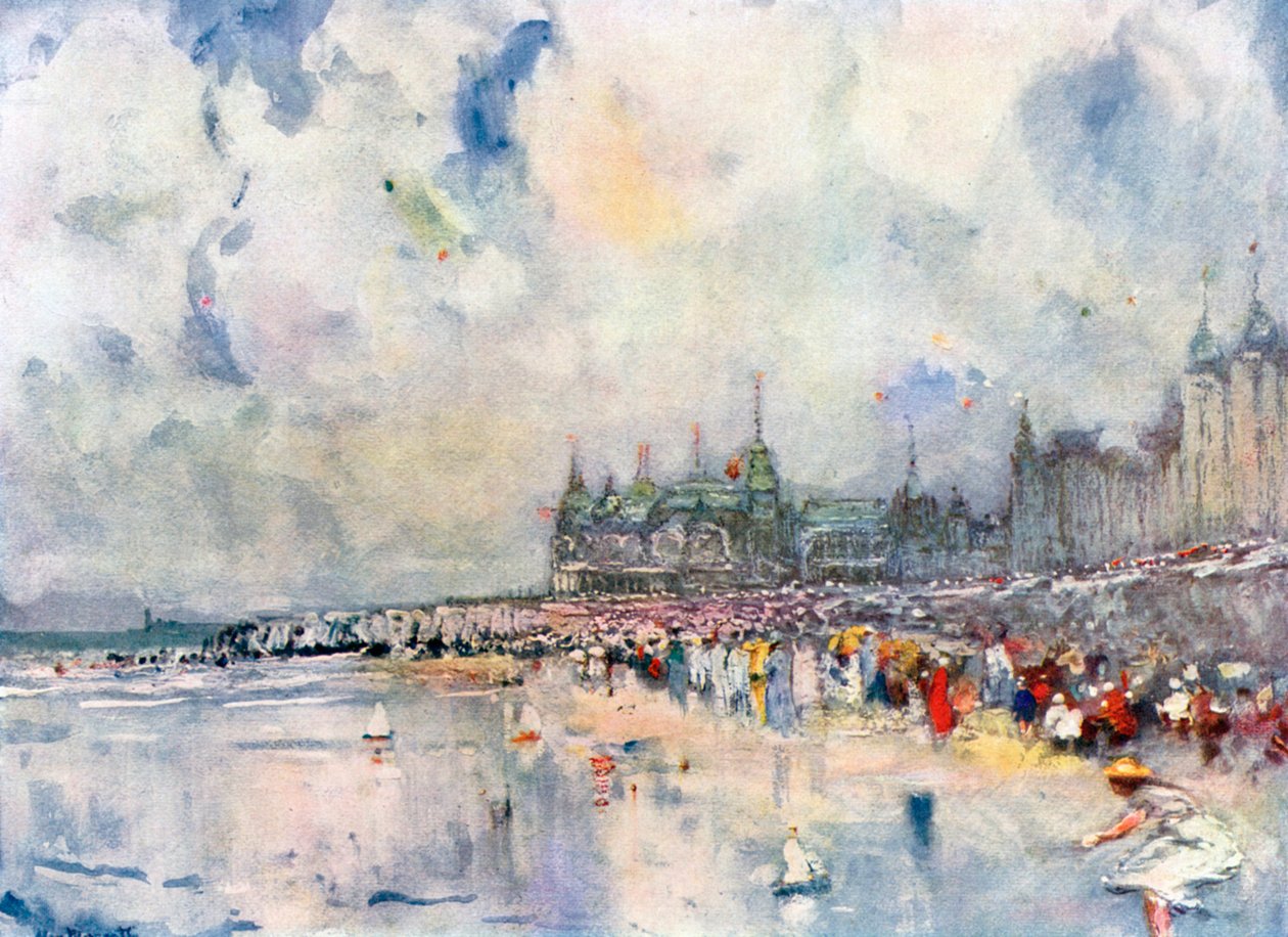 El Kursaal y la Digue, Ostende (litografía en color) de European School