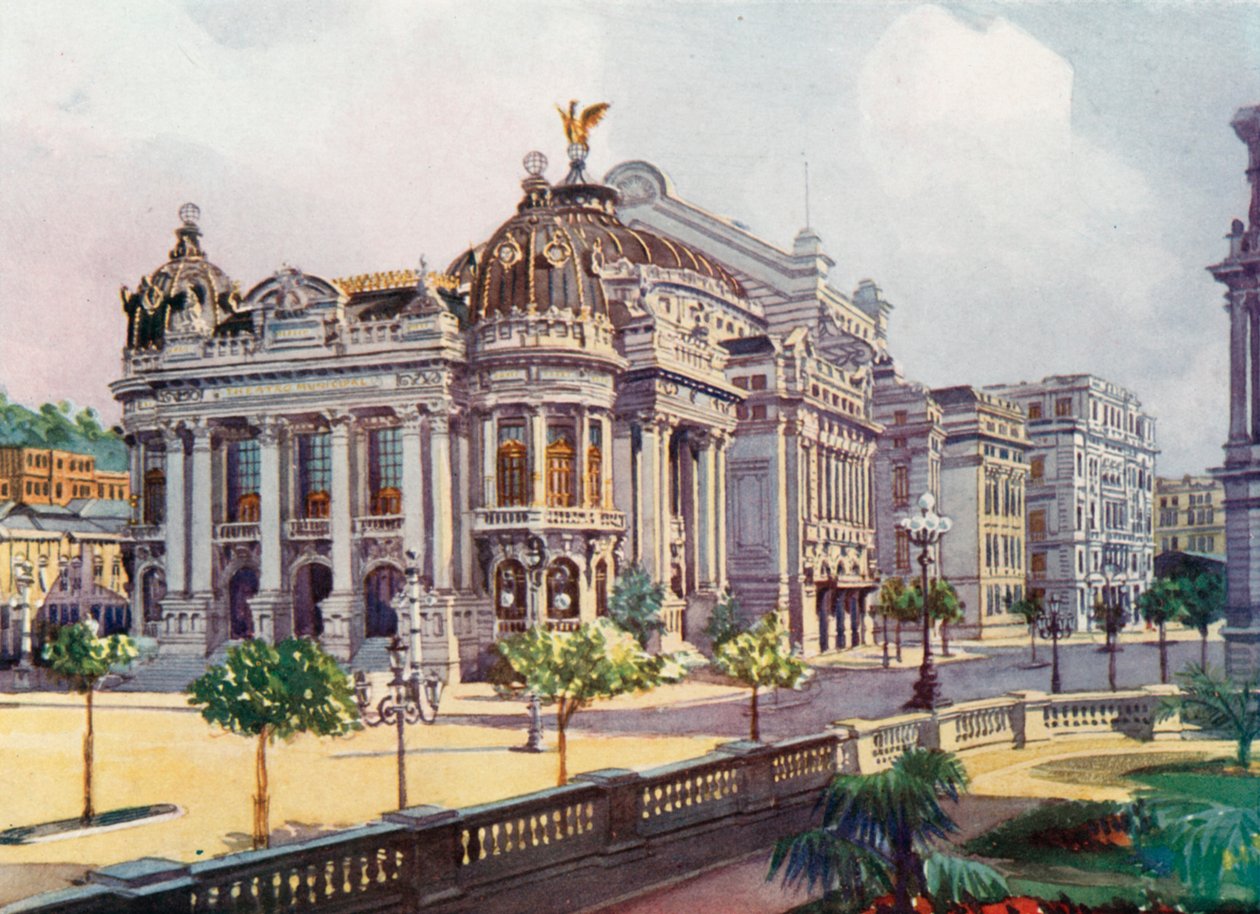 Teatro Municipal, Avenida Rio Branco (litografía en color) de European School