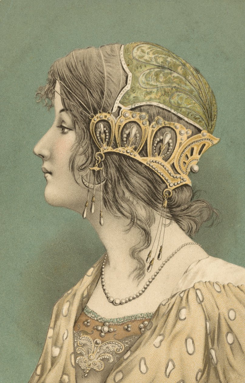 Mujer con gorro (litografía en color) de European School