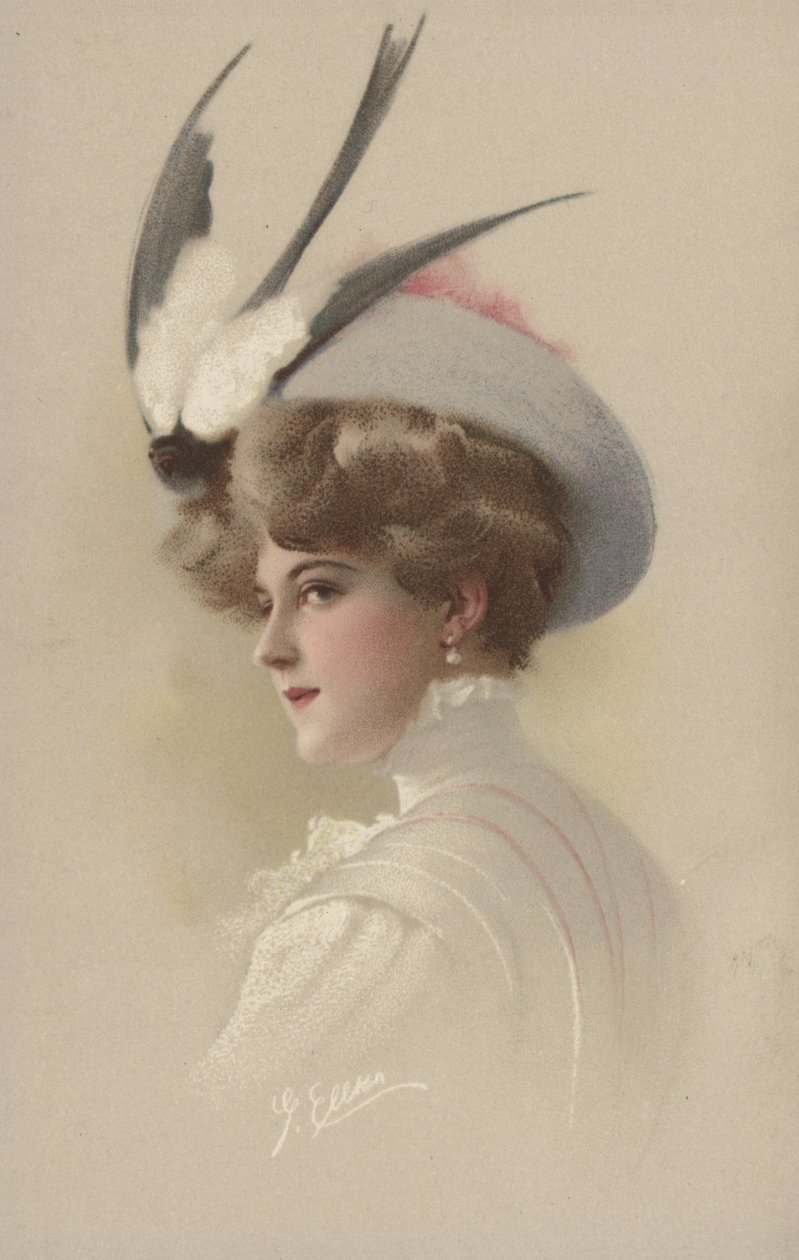 Mujer con sombrero y golondrina de peluche (litografía en color) de European School