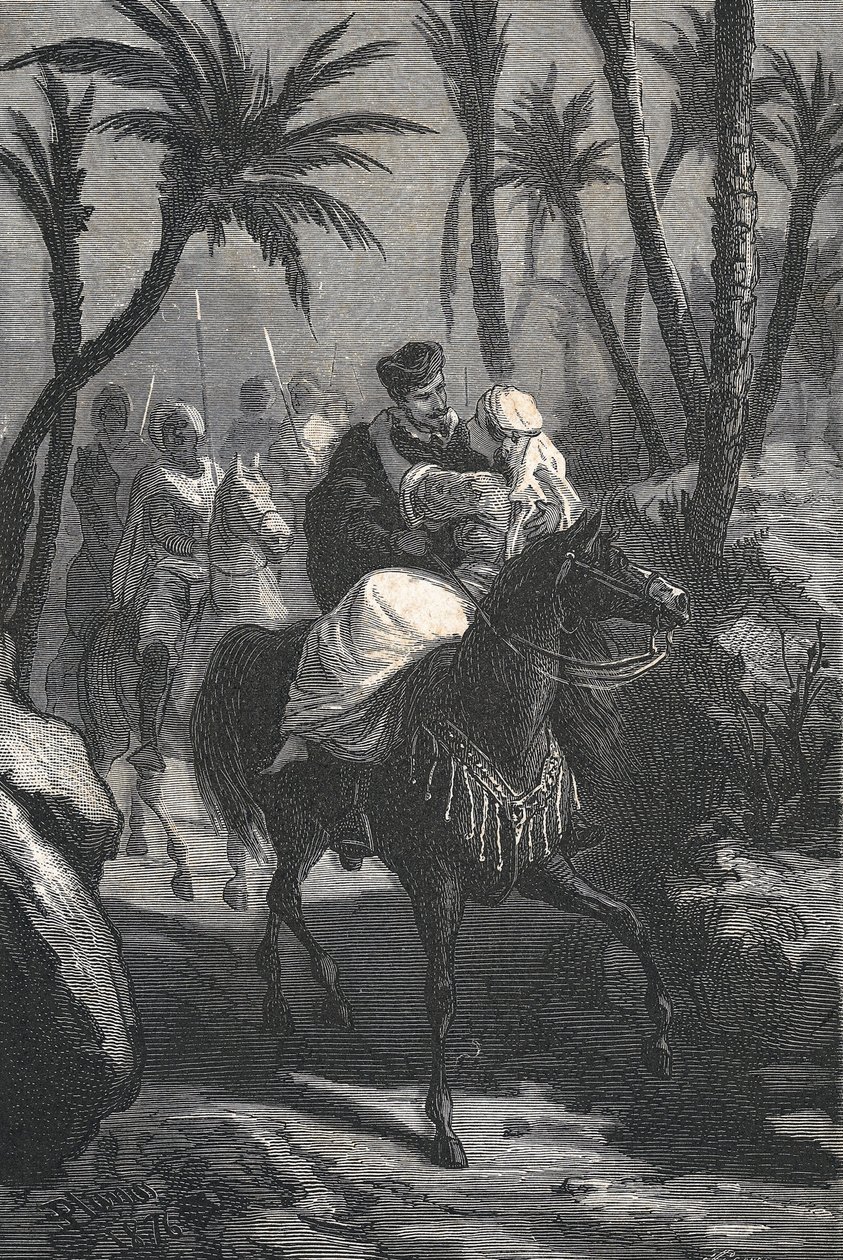 Cervantes monta a caballo con una mujer en un oasis de Eusebio Planas