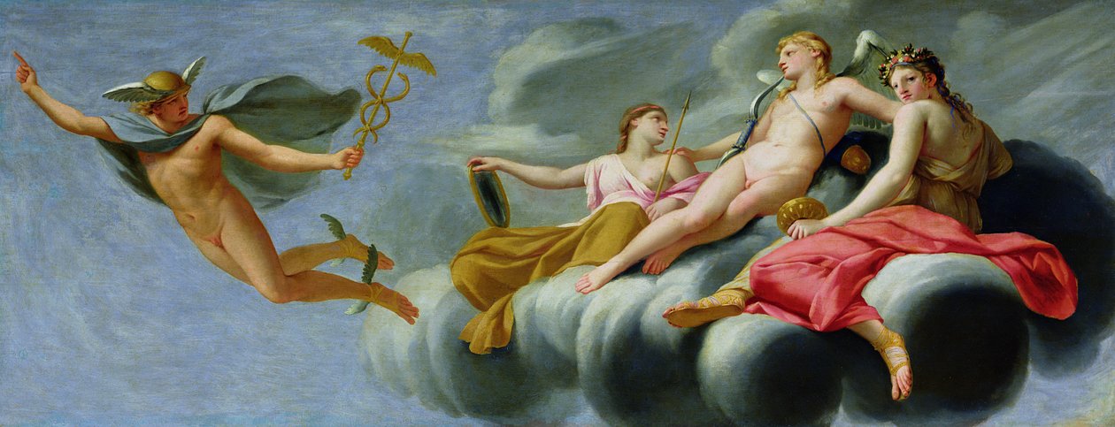 Cupido ordena a Mercurio, mensajero de los dioses, anunciar el poder del amor al universo, 1646-47 de Eustache Le Sueur