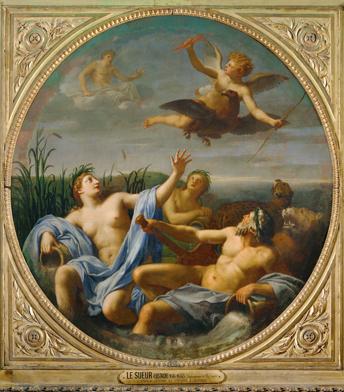 El amor, habiendo derogado el rayo de Júpiter, vuela lejos... de Eustache (studio of) Le Sueur