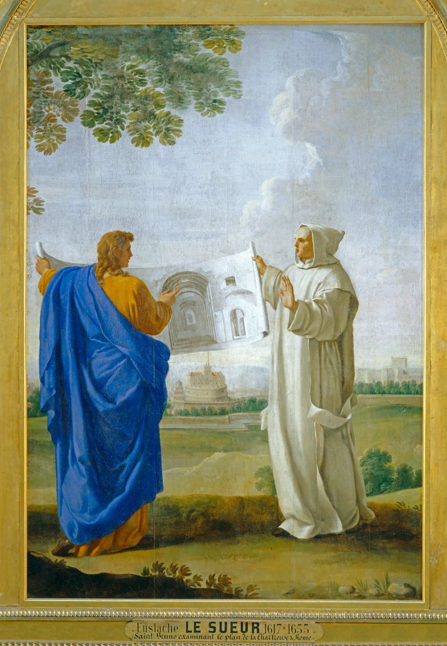 San Bruno examinando un dibujo de las termas de Diocleciano, futuro emplazamiento de la cartuja de Roma ... de Eustache (studio of) Le Sueur