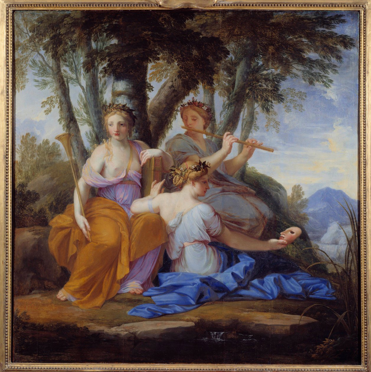 Las musas Clio, Euterpe y Talía son respectivamente las musas de la Historia, la Música y la Comedia de Eustache (studio of) Le Sueur