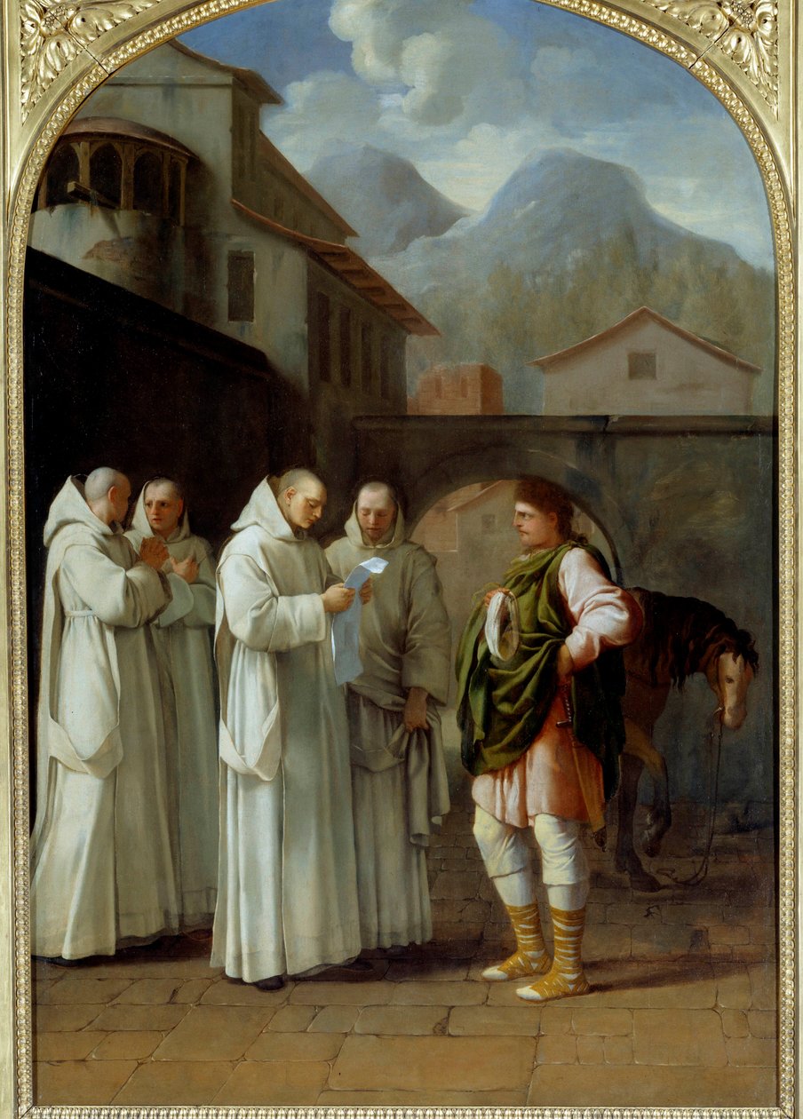 San Bruno (1030-1101), fundador de la orden Cartuja recibe un mensaje del Papa Urbano II de Eustache Le Sueur