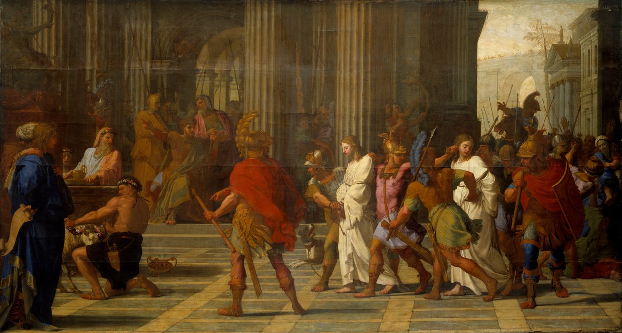 San Gervasio y San Protasio llevados ante Astasio, se niegan a sacrificar a Júpiter de Eustache Le Sueur
