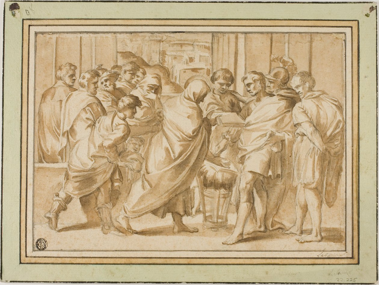 Escena de la historia romana, con figura vestida presentando un libro al gobernante de Eustache Le Sueur