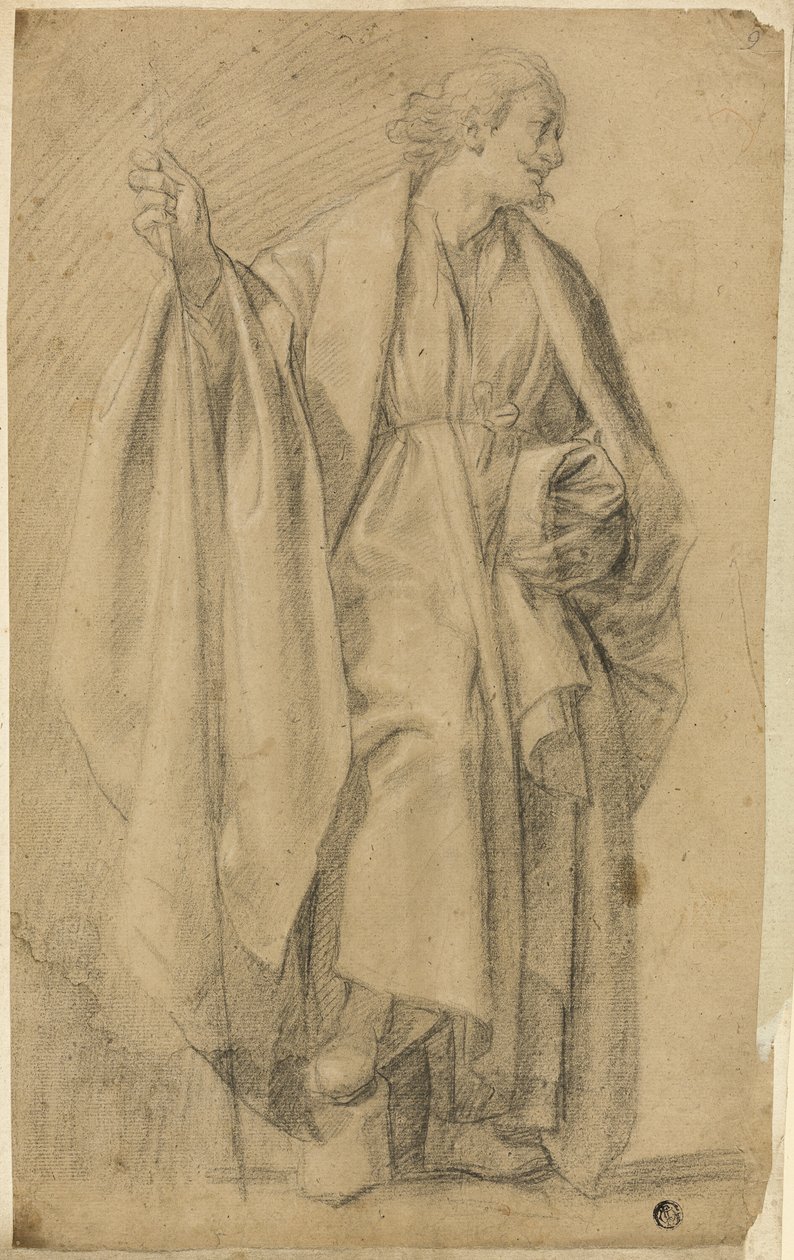 Figura masculina de pie con túnica, sosteniendo un bastón de Eustache Le Sueur