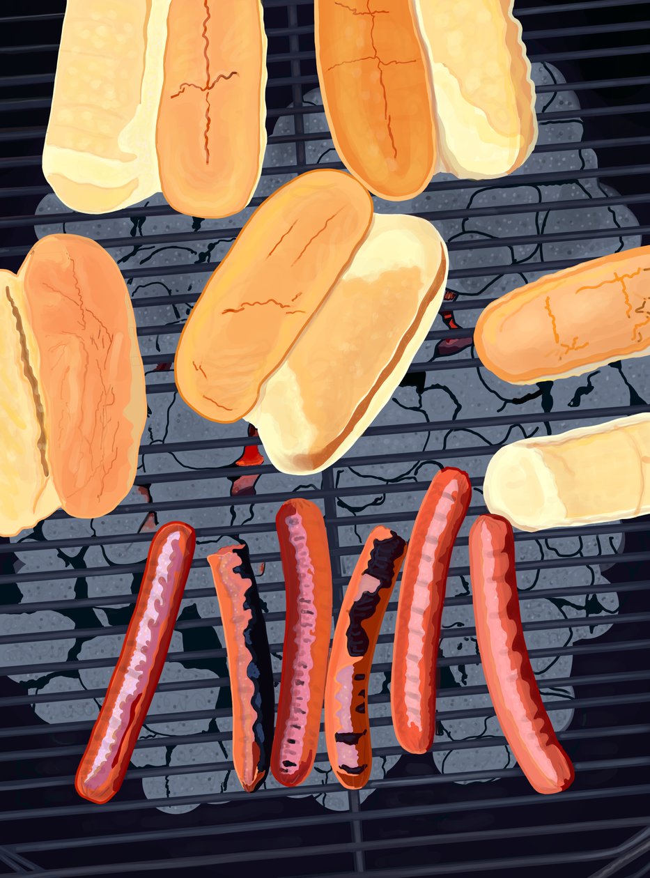 6 perritos calientes a la parrilla, lado sur de Streef (arte digital) de Evan Sklar