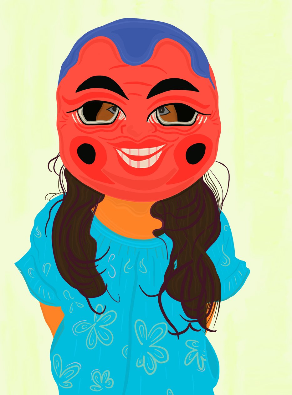 Ava en máscara vietnamita, c.2020-24 (arte digital) de Evan Sklar