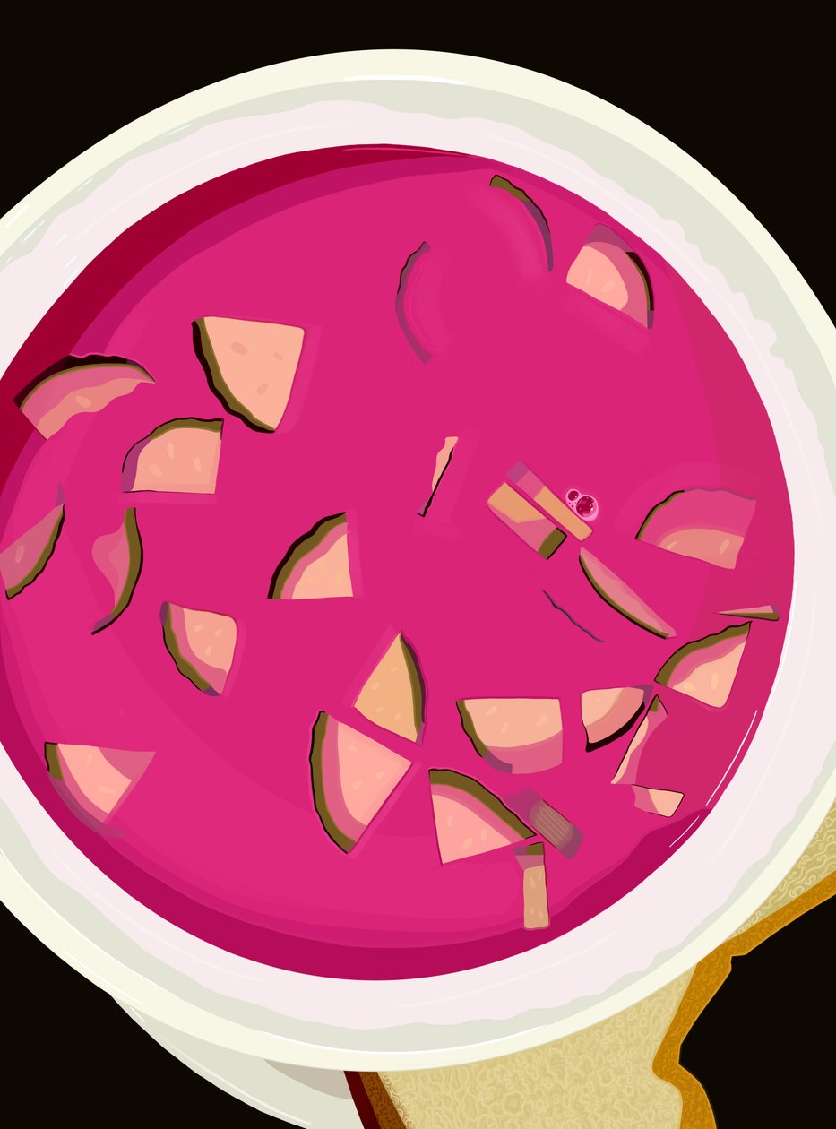 Tazón de sopa de remolacha con rodajas de pepino y pan.jpg, c.2020-24 (arte digital) de Evan Sklar