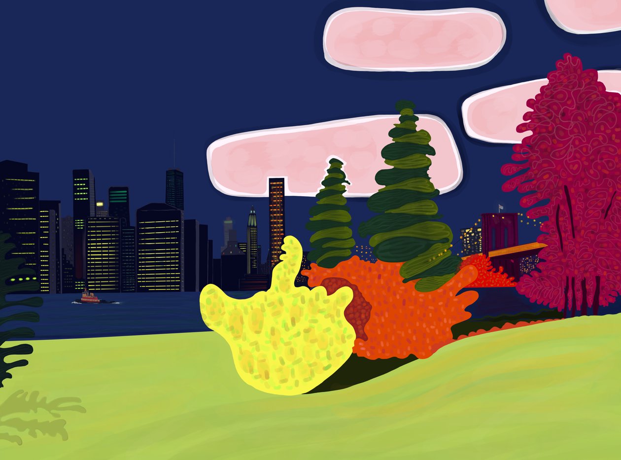 Parque del Puente de Brooklyn y vista del Bajo Manhattan (arte digital) de Evan Sklar