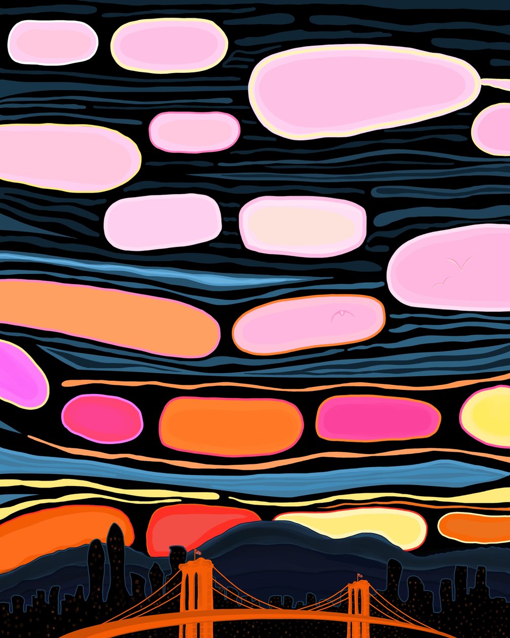 Puente de Brooklyn y nubes (arte digital) de Evan Sklar