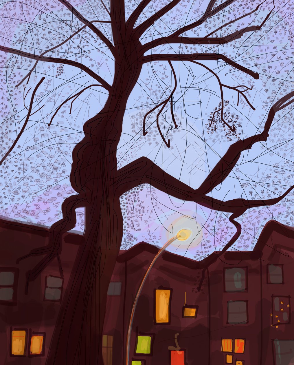 Brooklyn Brownstone Street At Dusk, 2016 (dibujado a mano en un iPad con un lápiz de Apple). de Evan Sklar