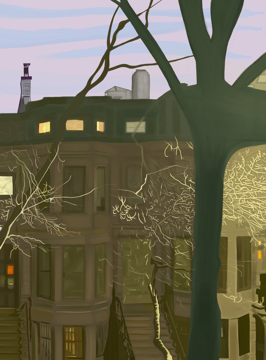 Brownstone de noche (arte digital) de Evan Sklar
