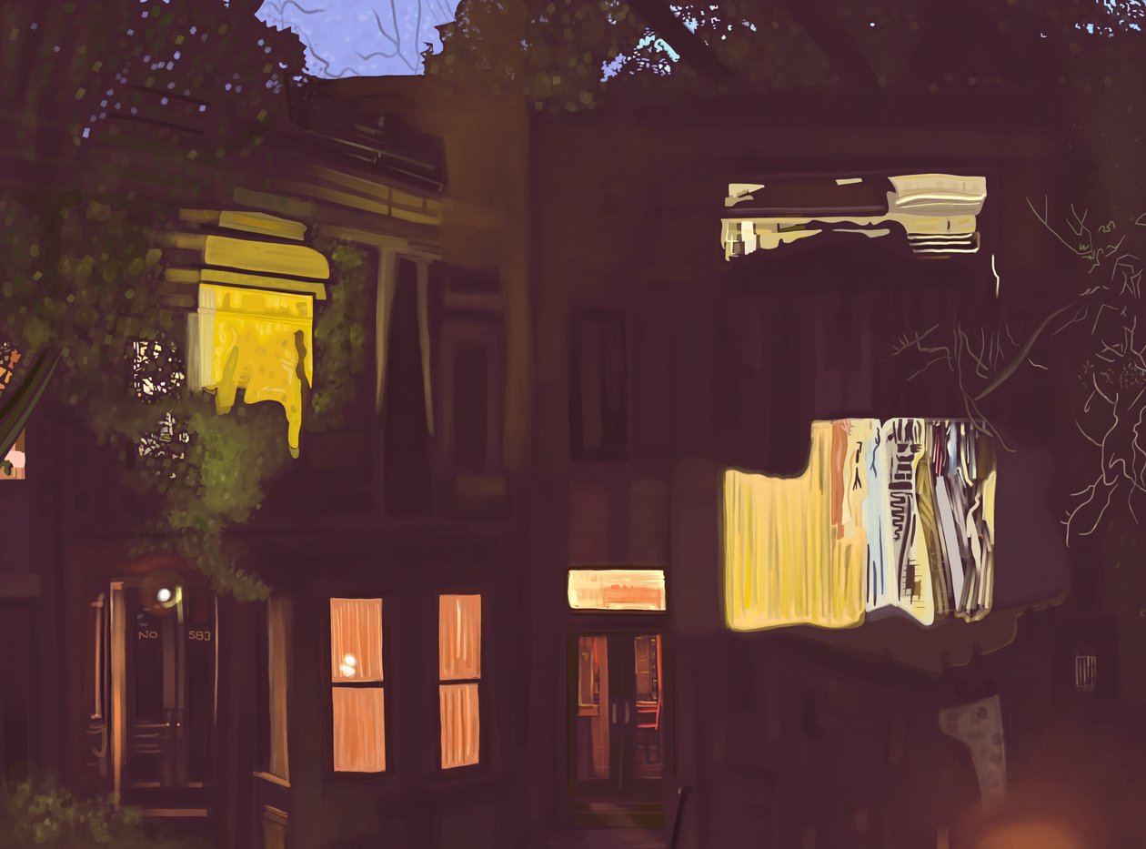Brownstones de noche , c.2020-24 (arte digital) de Evan Sklar