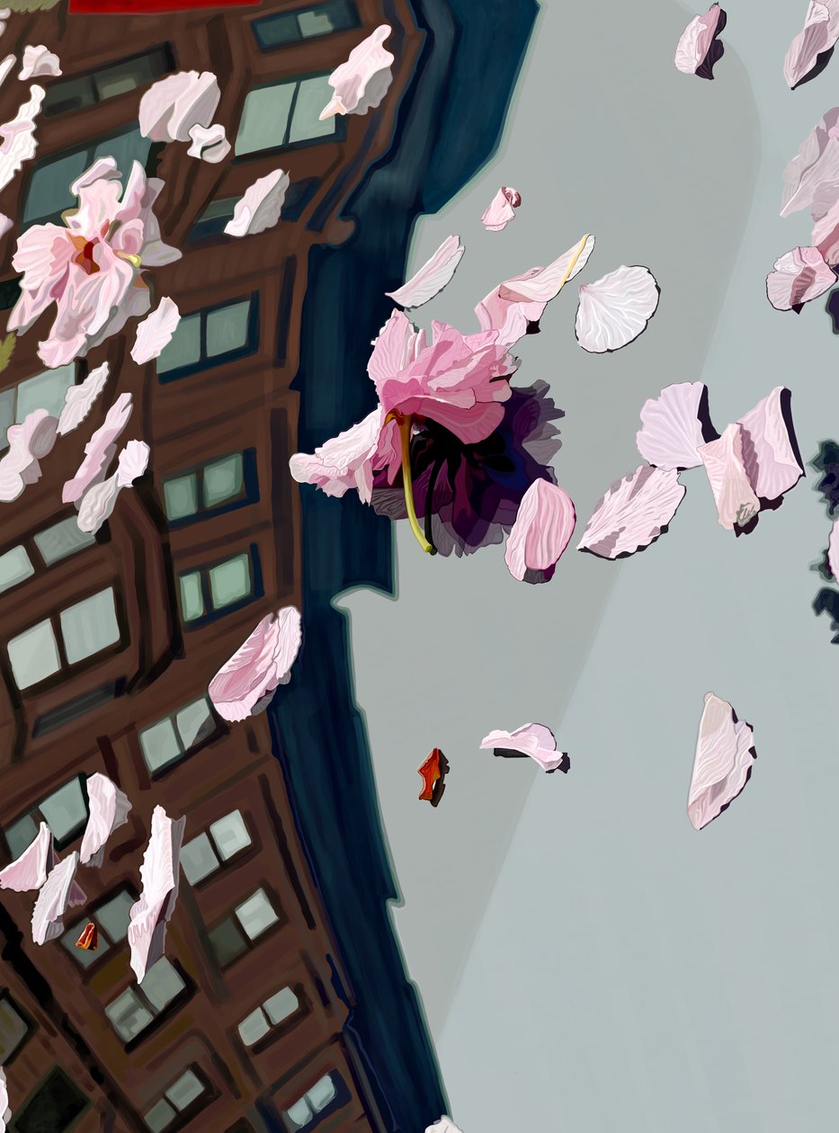 Cerezos en flor en el parabrisas del coche (arte digital) de Evan Sklar