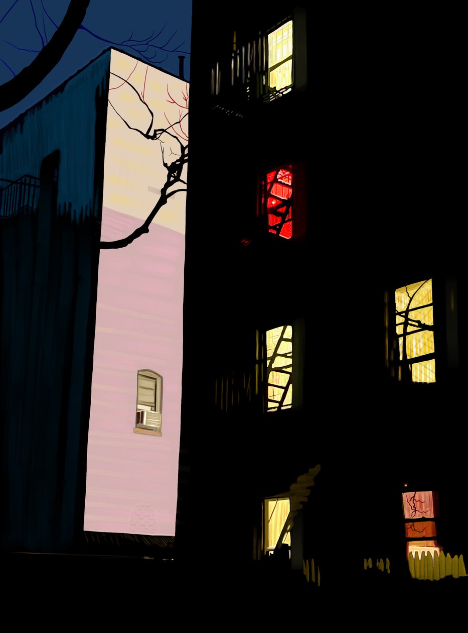 Coloridas ventanas de edificios de apartamentos por la noche Brooklyn (arte digital) de Evan Sklar