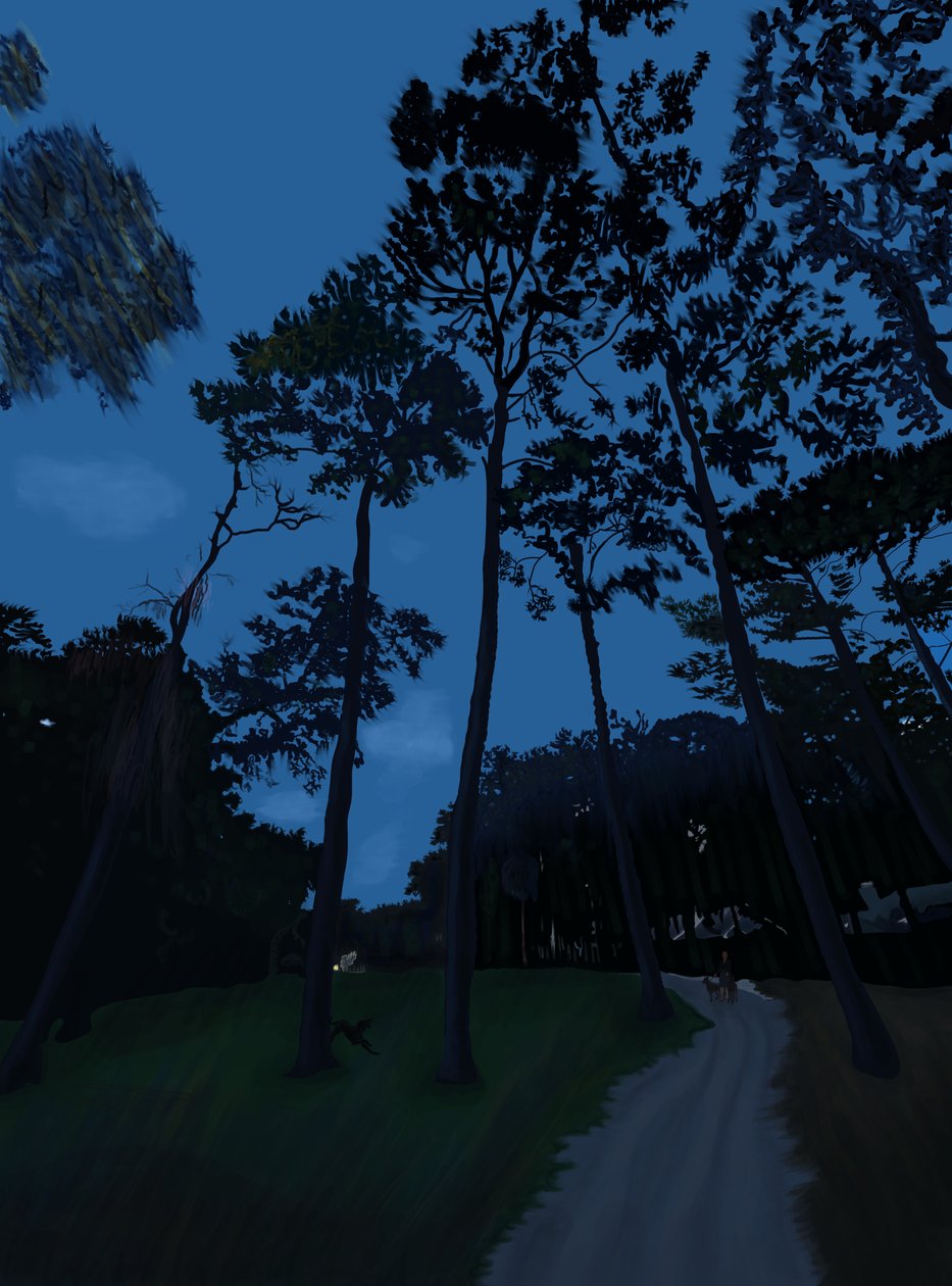 Paseo del perro al atardecer (arte digital) de Evan Sklar