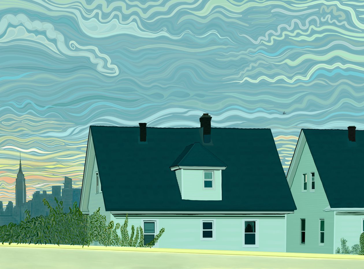 Casas de madera verde y el horizonte de Manhattan vistos mientras se conduce por la autopista Brooklyn Queens Expressway (arte digital) de Evan Sklar