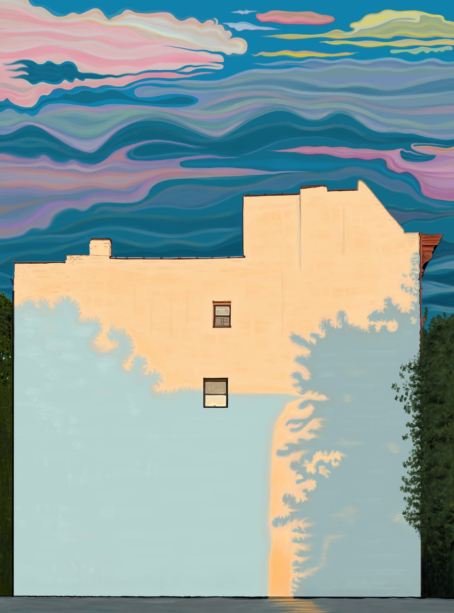 Casa y sombras de árboles (arte digital) de Evan Sklar