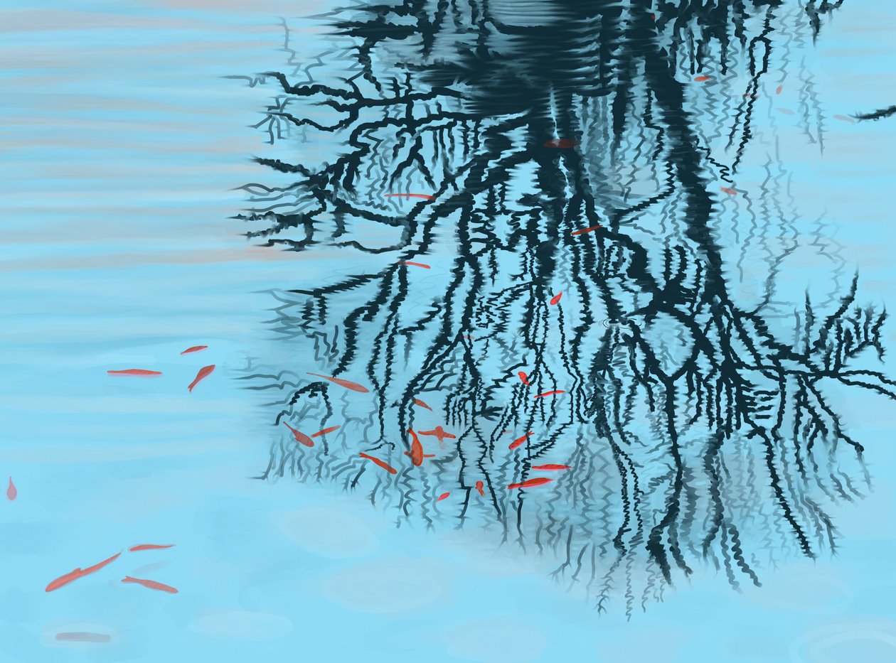 Koi y ramas de árbol (arte digital) de Evan Sklar