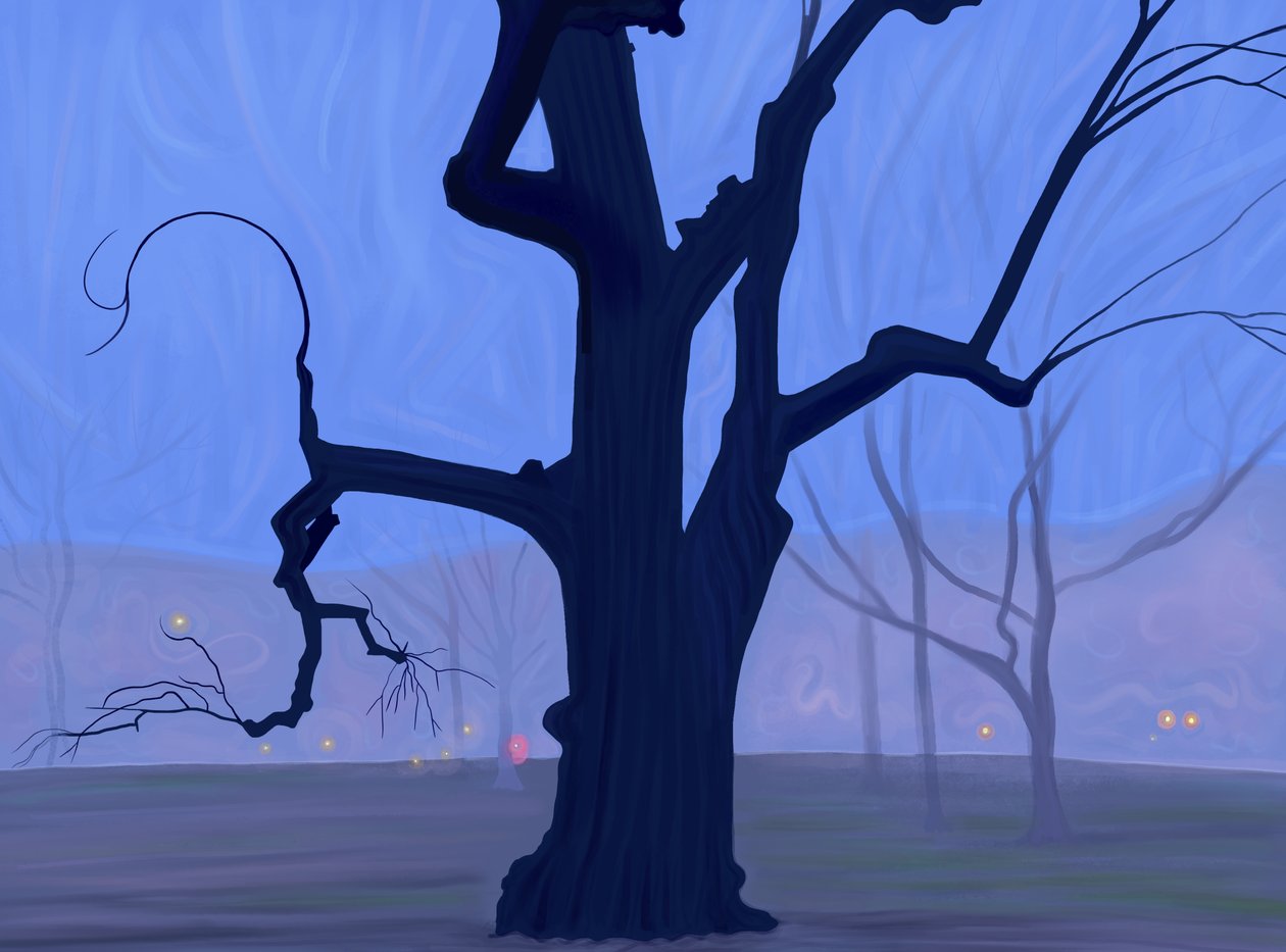 Gran árbol azul solo en el campo en la mañana brumosa crepúsculo Brooklyn (arte digital) de Evan Sklar