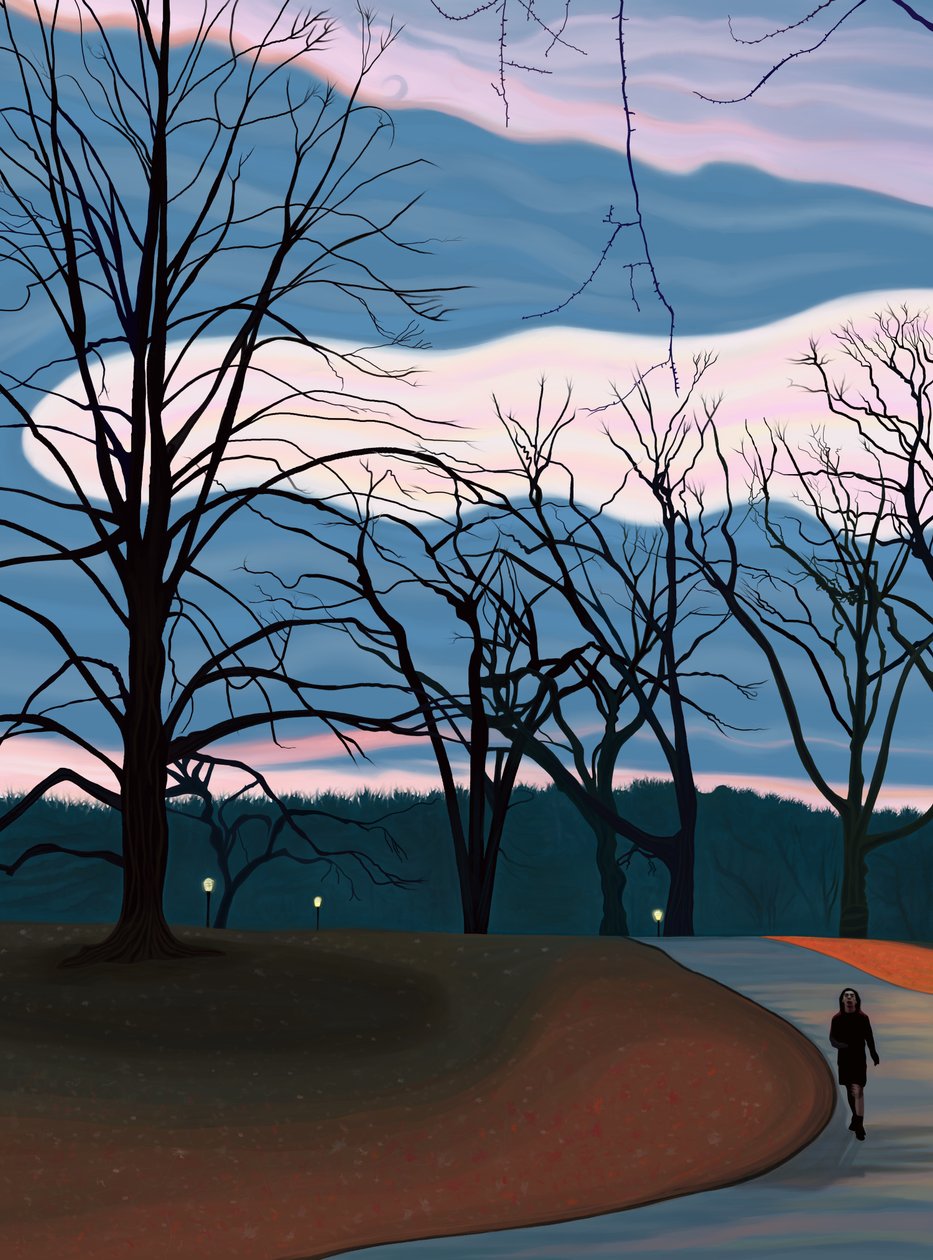 Hombre haciendo ejercicio en Prospect Park al amanecer Crepúsculo.(arte digital) de Evan Sklar