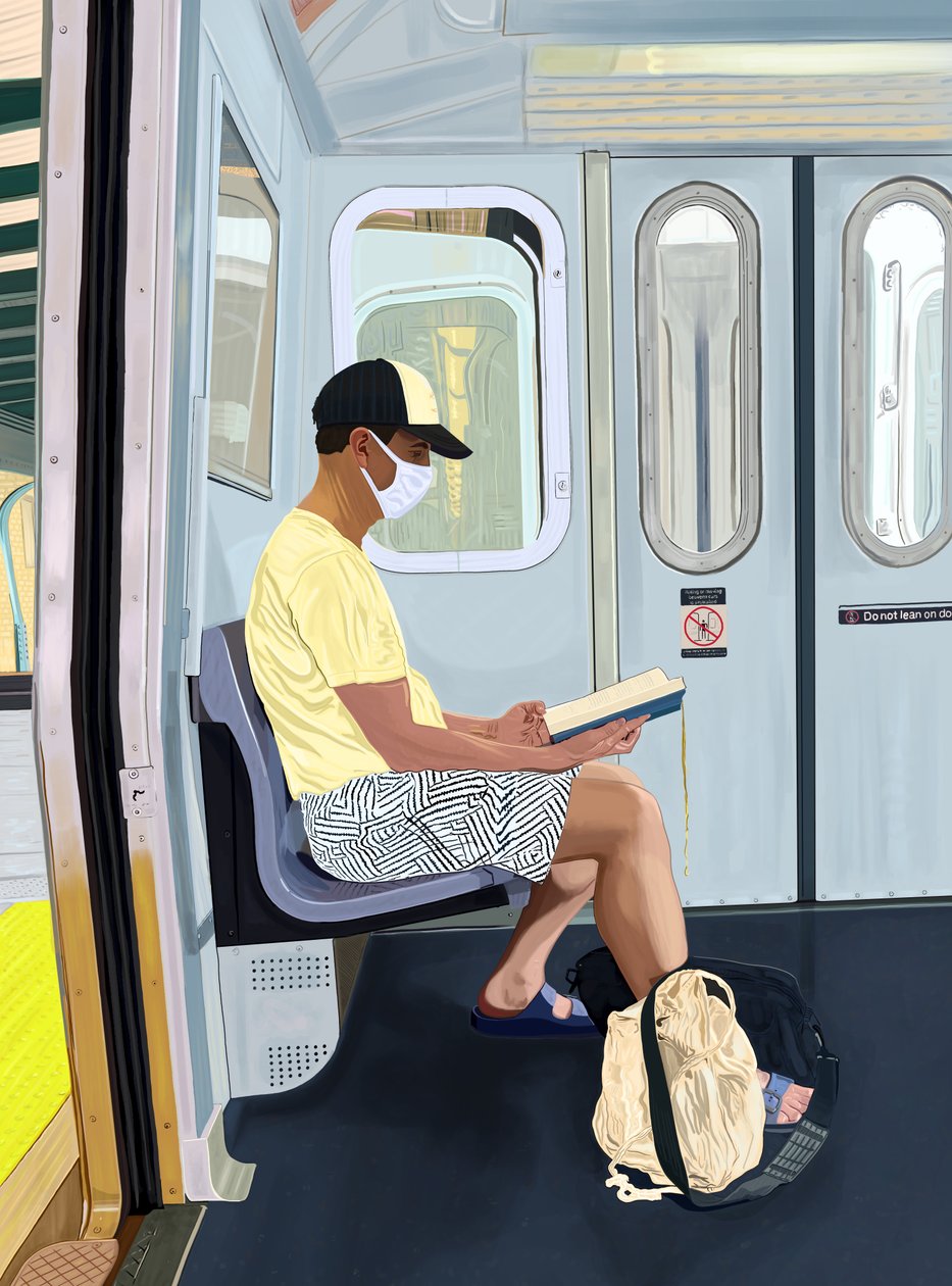 Hombre en calzoncillos leyendo un libro en el metro, c.2020-24 (arte digital) de Evan Sklar